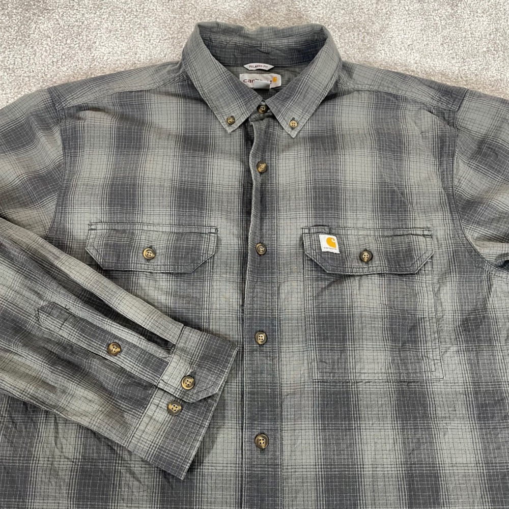 Carhartt‎ Button Down Shirt Mens Large Relaxed Fit Plaid Grey